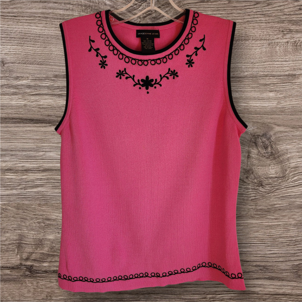 Grace Dane Lewis pink ribbed sleeveless‎ embroidered floral trim woman's size M